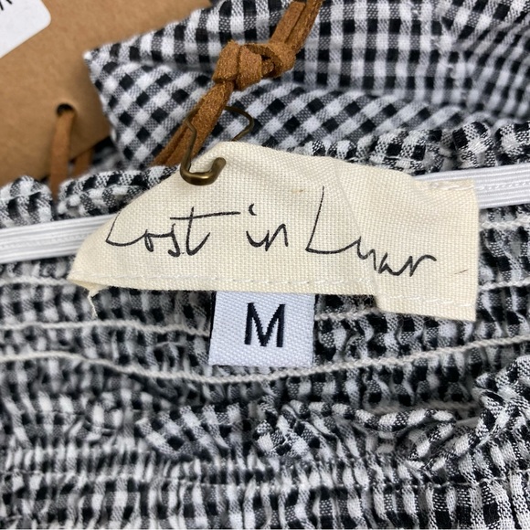 Lost In Lunar Medium Women’s Black White Gingham Smock Off Shoulder Blouse - Picture 6 of 7